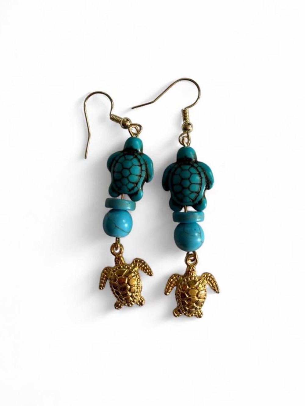 Handmade Turquoise & Gold Sea Turtle Dangle Earrings Beach Boho Coastal